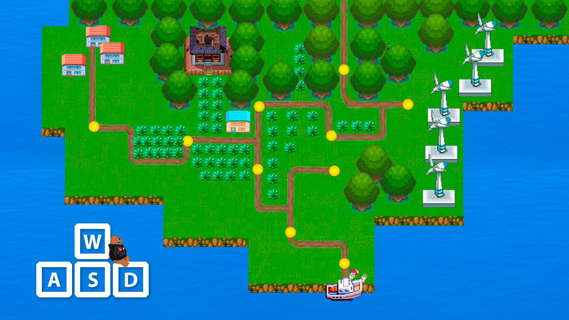 Mapa de uma ilha predominantemente verde. Nela existem caminhos a seguir, partindo de uma casa numa aldeia. Ao longo do caminho existem circulos amarelos que simbolizam um posto no qual o jogador podera jogar. Ao longo do caminho, o jogador vai encontrando ervas a sua volta. Um dos possiveis finais para o mapa e um barco, outro ventoinhas de produção de energai eolica.